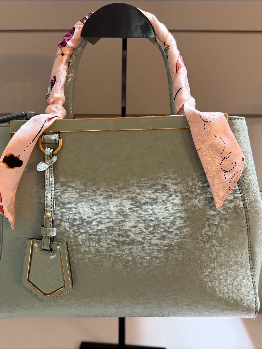 Fendi Sage Green Satchel with Pink Scarf Accent